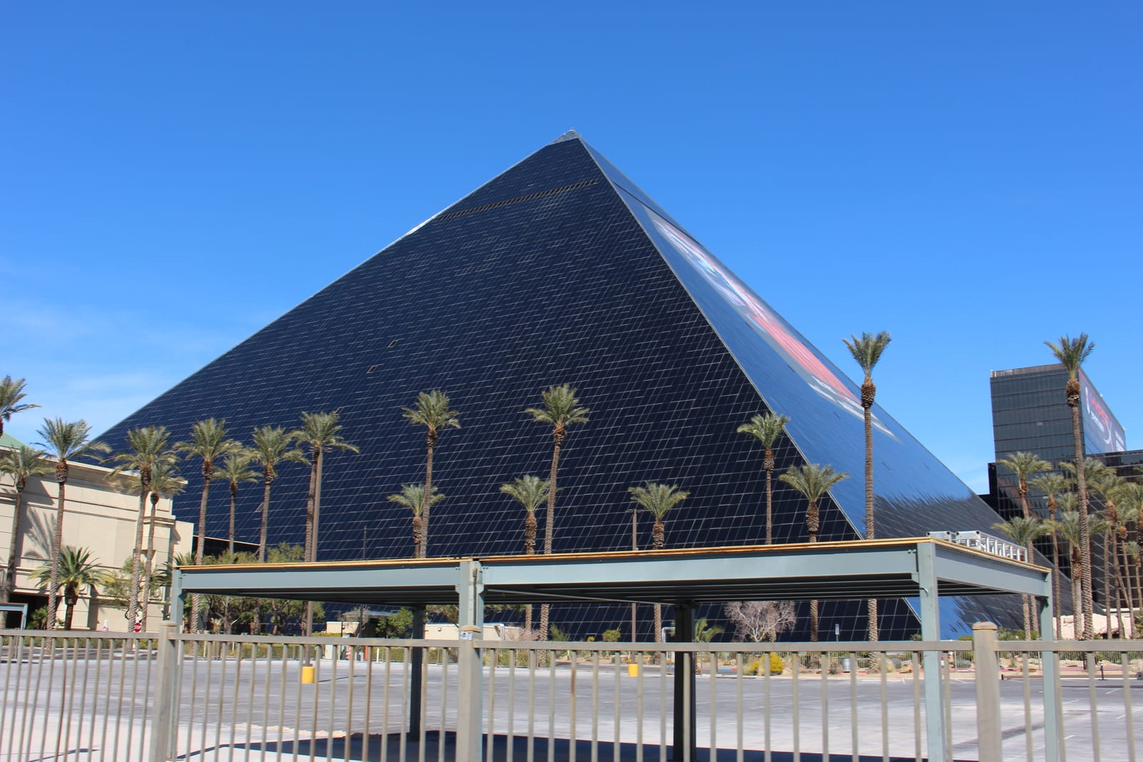Black glass Luxor pyramid and palm trees under a clear sky on the South Las Vegas Strip